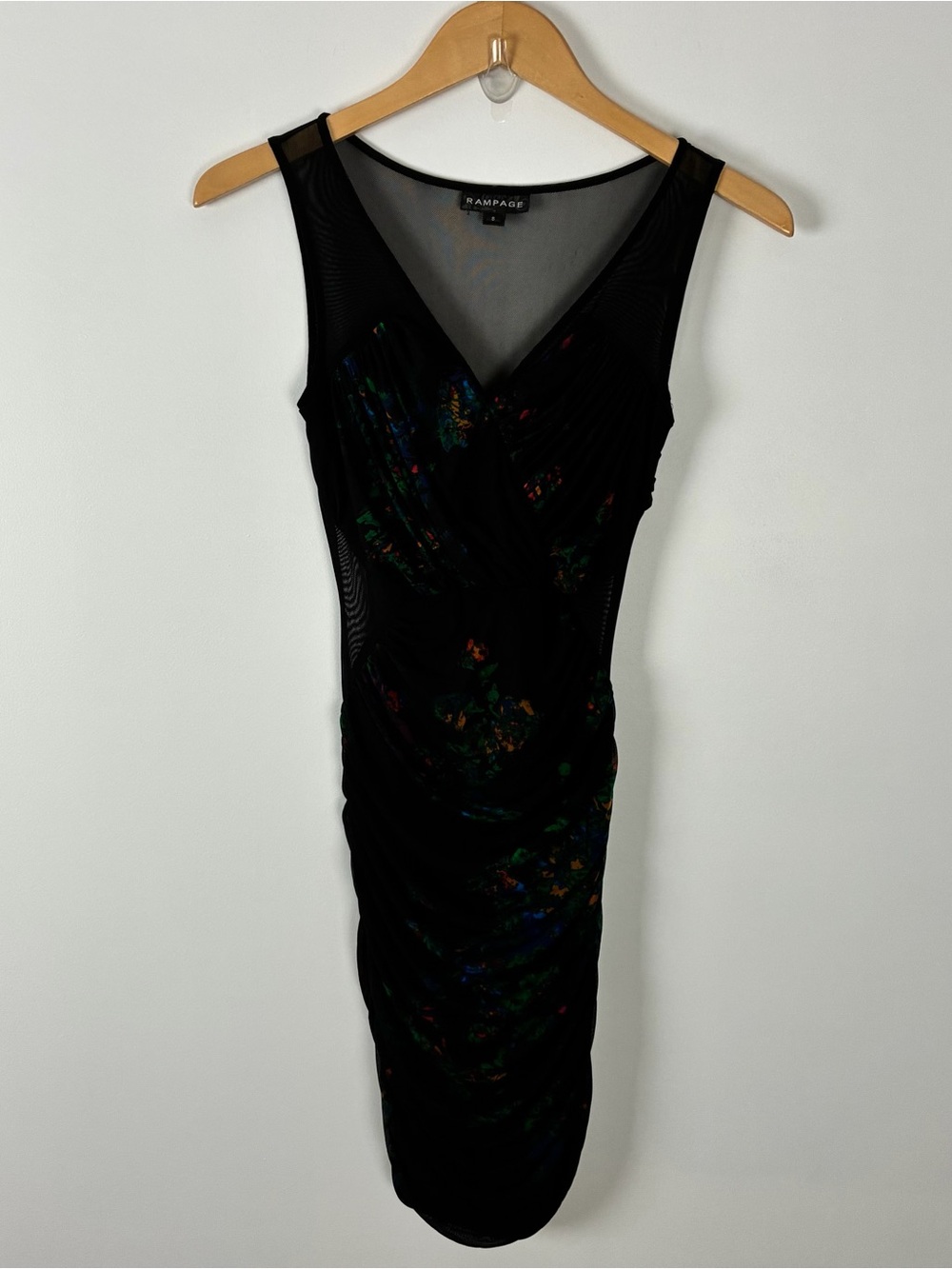 Vintage 2000s Rampage Black Sleeveless Ruched Watercolor Bodycon Dress Size S